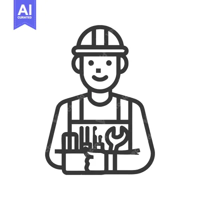 Friendly Technician with Hard Hat and Tool Pouch, Minimalist Line Icon