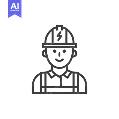Smiling Electrician Worker Line Icon with Lightning Bolt on Hard Hat