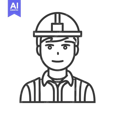 Aset desain premium: Friendly Construction Worker in Hard Hat, Minimalist Line Art Icon