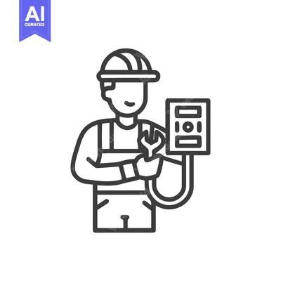 Monochrome Line Art Icon of an Electrician with Wrench Repairing a Fus