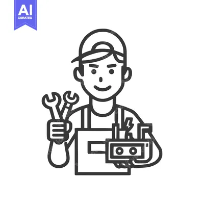 Aset desain premium: Modern Line Art Icon of a Friendly Mechanic with Wrenches and Toolbox