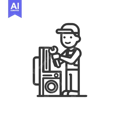 Aset desain premium: Friendly Repairman with Wrench Fixing a Washing Machine, Clean Line Ar