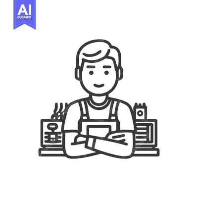 Aset premium populer: Proud Young Entrepreneur in Apron, a Modern Line Art Icon for Small Bu