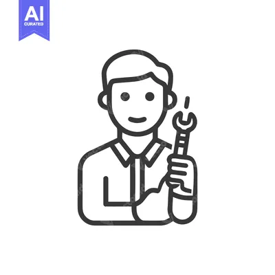 Friendly Mechanic with Wrench Minimalist Line Icon for Service and Rep