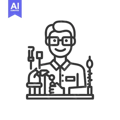 Aset premium populer: Cheerful Scientist with Lab Equipment, Minimalist Line Art Icon