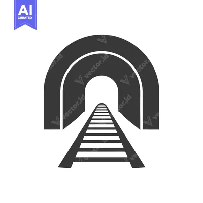 A black and white icon of a train track leading into a tunnel