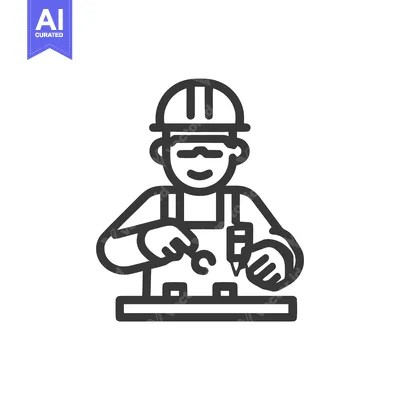 Aset desain premium: Friendly Technician in Hard Hat with Wrench and Tool, Minimalist Line