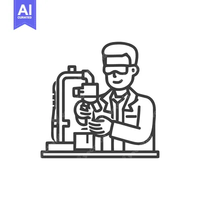 Smiling Scientist with Goggles Operating a Microscope, Clean Line Art