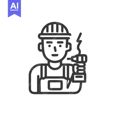 Aset desain premium: Minimalist line art icon of a builder in a hard hat holding a smoking