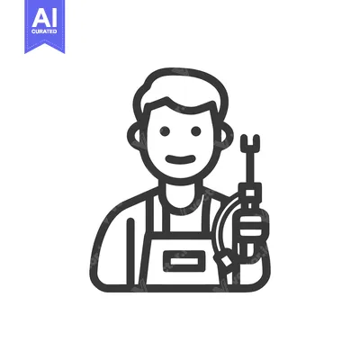 Aset premium populer: Friendly Repairman Character with Wrench and Apron, Minimalist Outline