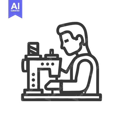 Modern Line Art Icon of a Focused Tailor at a Sewing Machine