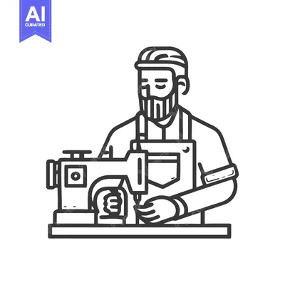 Focused bearded tailor working at a sewing machine, a minimalist line