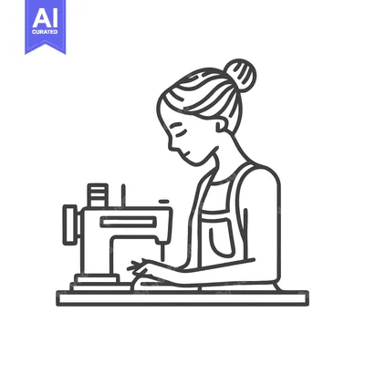 Aset desain premium: Elegant line art of a focused seamstress working at her sewing machine