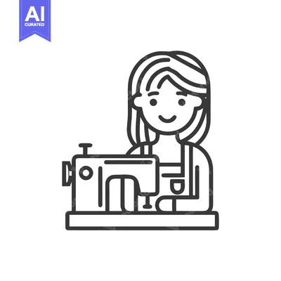 Smiling Seamstress at Her Sewing Machine, a Minimalist Line Art Icon
