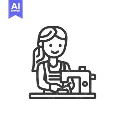 Premium design asset: Happy Seamstress at Her Sewing Machine, a Minimalist Black Line Art Ic
