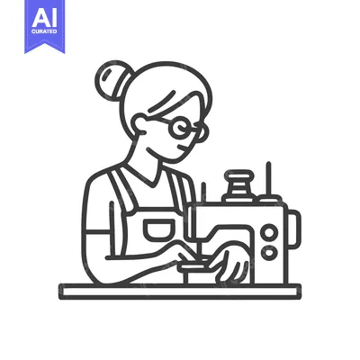 Focused Woman with Glasses and Apron Sewing, Minimalist Line Art Icon