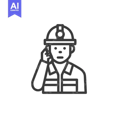 Industrial Worker in Hard Hat and Vest on Phone Call, Line Art Icon