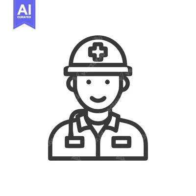 Aset premium populer: First Responder Line Icon: Smiling Medic with Safety Helmet and Stetho