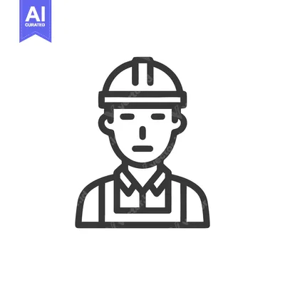Aset desain premium: Minimalist Line Icon of a Construction Worker with Hard Hat and Overal