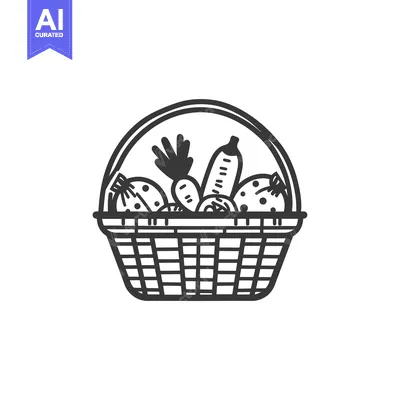 A black and white illustration of a basket filled with various fruits
