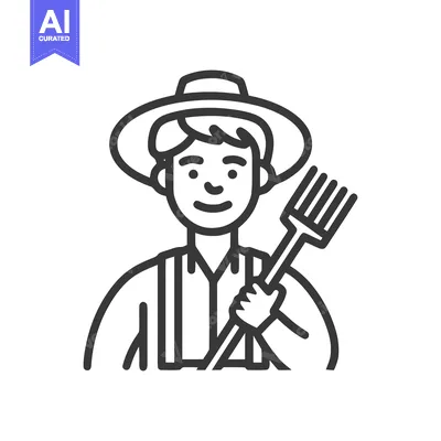 Aset premium populer: Smiling Farmer in Hat and Suspenders Holding a Pitchfork Line Icon