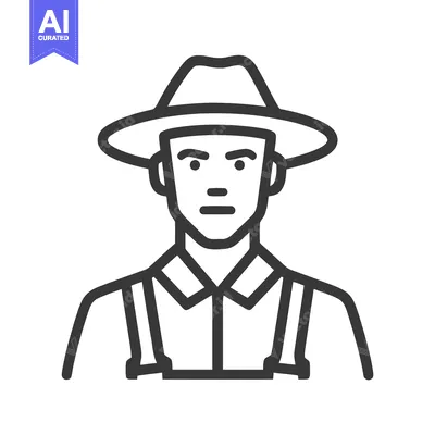 Aset desain premium: Stoic Farmer Portrait: Minimalist Line Art Icon with Hat and Overalls
