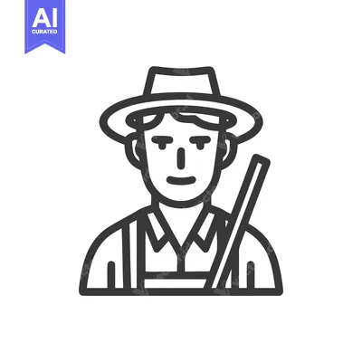 Stylized Farmer Portrait Icon with Hat and Tool, Minimalist Line Art