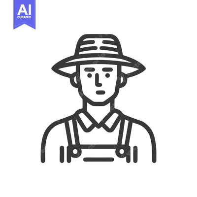 Aset premium populer: Minimalist Line Art Farmer Icon with Straw Hat and Overalls