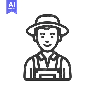 Smiling Farmer Portrait Icon with Overalls and Hat, Clean Line Art