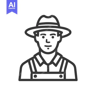 Monochrome Line Art Icon of a Farmer in a Fedora and Overalls