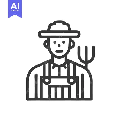 Stoic Farmer Character in Overalls and Hat, Minimalist Line Art Icon