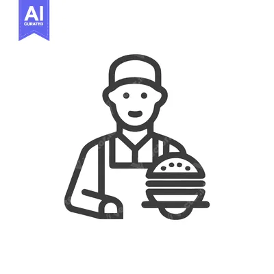 Smiling Chef in Apron Presenting a Hamburger, Minimalist Line Art Icon
