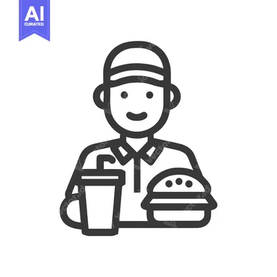 Smiling Fast Food Worker with Burger and Soda, Monochrome Line Art Ico