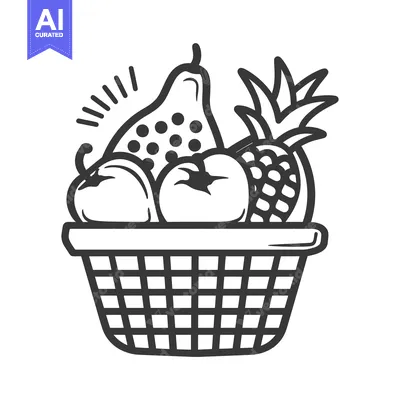 A Black and White Illustration of a Basket of Fruit