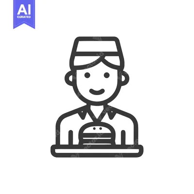 Smiling Waiter in Uniform Holding a Burger on a Tray, Minimalist Line
