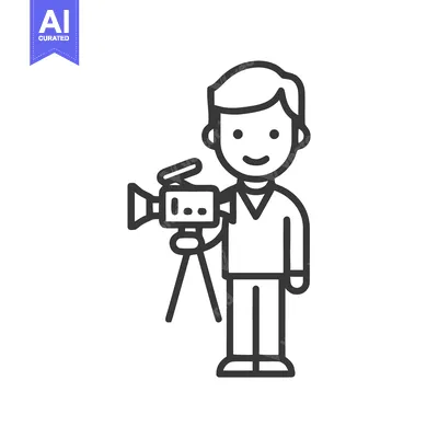 Minimalist Line Art Icon of a Friendly Videographer with Camera on Tri