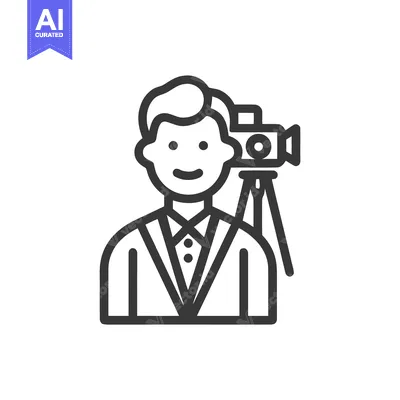 Professional Videographer with Camera on Tripod, Minimalist Outline Ic