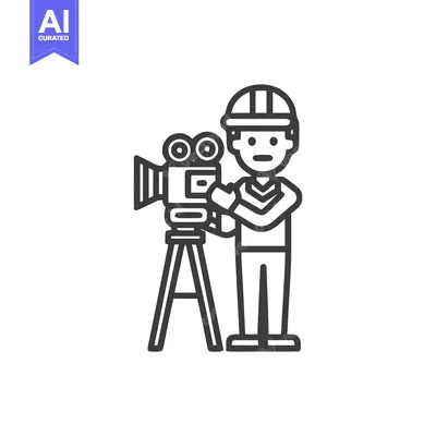 Premium design asset: Minimalist Line Icon of a Filmmaker in a Hard Hat Operating a Vintage