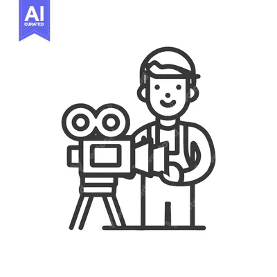 Aset desain premium: Cheerful Cameraman with Tripod Camera and Clapperboard Line Art