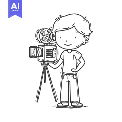Aset desain premium: Charming Hand-Drawn Sketch of a Young Boy Operating a Vintage Movie Ca