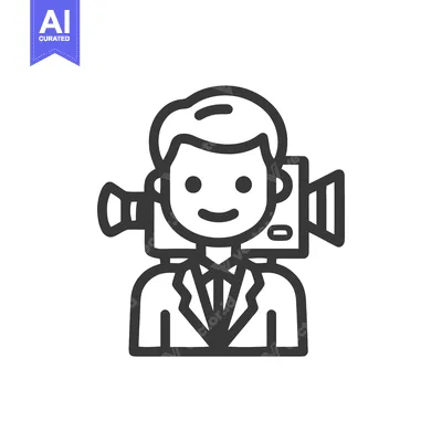 Aset premium populer: Smiling Videographer in a Suit with Shoulder-Mount Camera, Line Art Ic