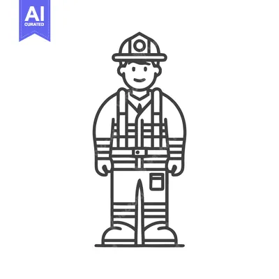Minimalist Line Art Icon of a Friendly Firefighter in Full Gear