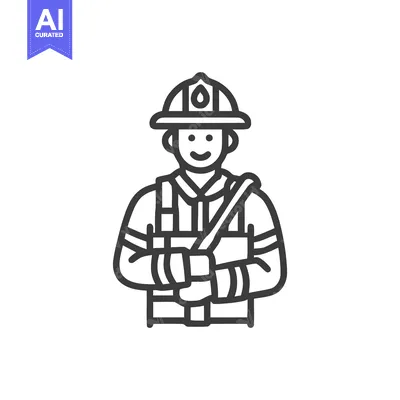 Aset desain premium: Friendly Firefighter Hero Line Icon with Flame Symbol Helmet