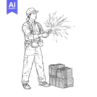 Aset desain premium: A Focused Man in a Hat Ignites a Spark Next to Stacks of Paper Bundles