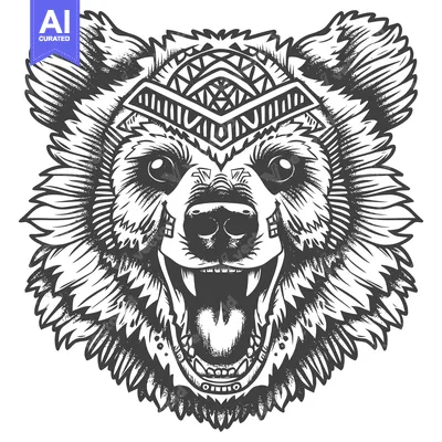 A Black and White Illustration of a Bear's Head with Geometric Details