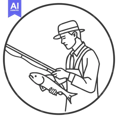 Serene Fisherman with Trout Catch in a Clean Line Art Emblem