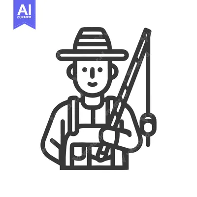 Friendly Fisherman Character with Rod and Hat, Minimalist Line Art Ico
