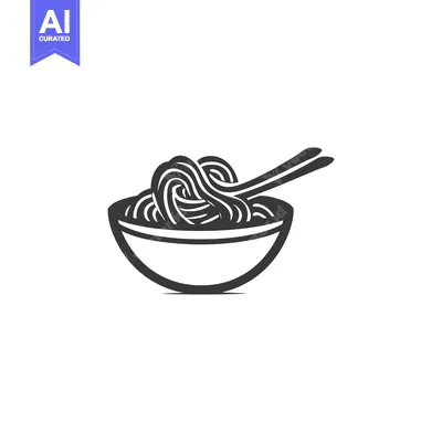 Aset premium populer: A black and white illustration of a bowl of noodles and chopsticks