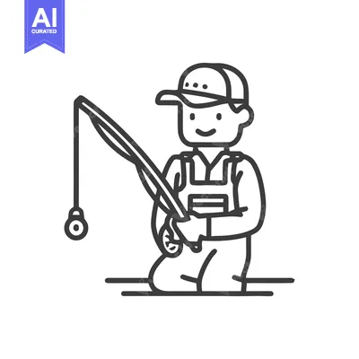 Smiling Fisherman Kneeling with Rod, Minimalist Line Art Icon