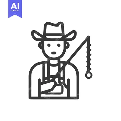 Bold Line Art Icon of a Fisherman in a Cowboy Hat Holding a Rod